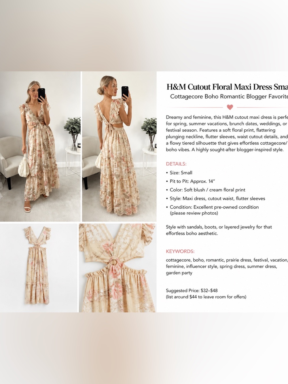 H&M Cutout Floral Maxi Dress Small | Cottagecore Boho Romantic Blogger Favorite
